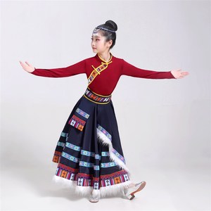 儿童藏族舞蹈演出服女中小学生民族舞蹈大摆裙表演练W习藏式裙女
