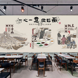 中式复古面馆装饰壁画重庆小w面牛肉面餐厅装修墙纸餐馆背景墙壁