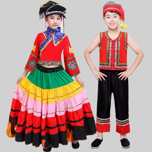 七月火把节舞蹈服彝族服装儿童女大裙摆盛装演出服男童开场舞演出