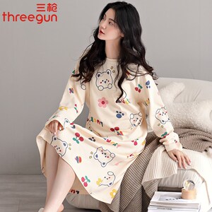 三枪纯棉睡裙女春秋季长袖2024年新款可爱少女生圆领套头睡衣夏天