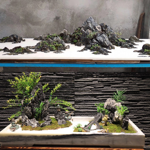 天然汉白玉大理石山旱景花盆水假山盆景盆浅盆圆形v方形吸水石底