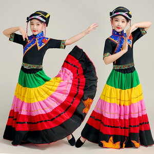 七月火把节舞蹈服彝族服装儿童女大裙摆盛装演出服男童开场舞演出
