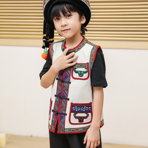 六一儿童演出彝族马甲童装苗族壮族服装刺绣马甲少数民族帽子男童