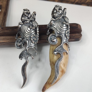 925纯银复古银虎牙套霸气老虎头男士吊坠熊牙套包银牙尖镶嵌