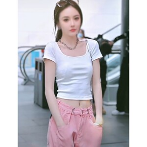 夏夏吓大的同款t恤女快手抖音网红街拍u领短款露脐上衣夏白色短袖