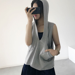新款休闲连帽背心宽松女纯棉运动口袋带帽衫坎肩无袖卫衣马甲上衣