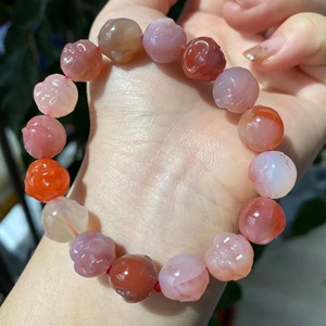 天然盐源玛瑙弥勒佛头手链男女 糖果色玛瑙手工雕刻佛头手串