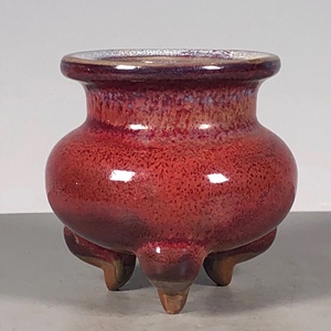 古董古玩旧货老瓷古瓷老钧窑钧瓷窑变红釉三足香炉全品收藏老瓷
