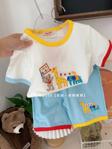 日系儿童套装夏季男童短袖短裤卡通小熊刺绣动物园宝宝休闲两件套