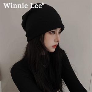 Winnie Lee显脸小黑色帽子女夏季毛线帽冷帽包头帽薄款针织堆堆帽