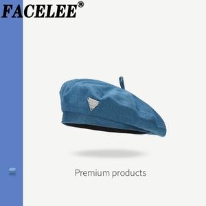 FaceLee日系牛仔贝雷帽子女夏薄款浅蓝色复古金属标画家蓓蕾帽