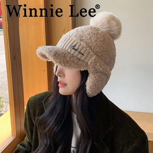 Winnie Lee保暖毛线鸭舌帽女士冬季加厚毛绒棒球帽骑车护耳雷锋帽
