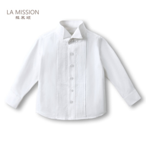 拉米颂儿童法式立领压褶纯棉衬衫男童短袖白衬衫演出白色长袖衬衣