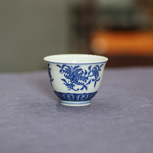 禾先山房 | 景德镇柴窑柴烧青花品茗杯 手绘寿桃荔枝主人杯 手工