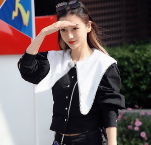 欧洲奔跑吧兄弟跑男杨颖baby同款衣服黑色衬衫女春夏设计感上衣潮