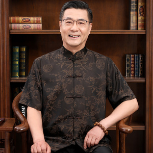 唐装男真丝绸缎短袖套装中老年人爸爸装桑蚕丝中国风中式爷爷夏装