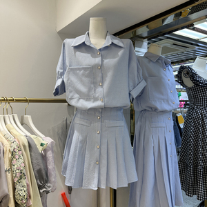 夏季文艺气质条纹短袖韩国东大门Polo领单排扣收腰设计衬衣连衣裙
