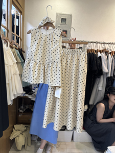夏季新款韩版宽松两件套套装圆领无袖波点娃娃上衣+高腰橡筋半裙