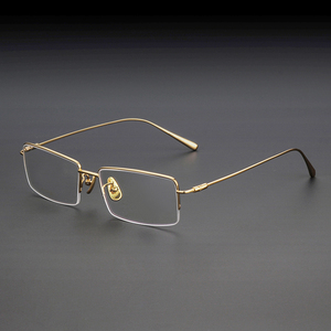 高档商务近视眼镜架男半框商务细腿超轻纯钛眼镜框金色平光防辐射
