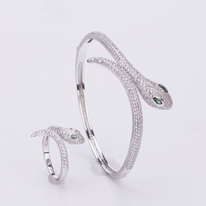 欧美跨境电商新款蛇形手镯铜镀金镶钻蛇头手环女个性时尚戒指