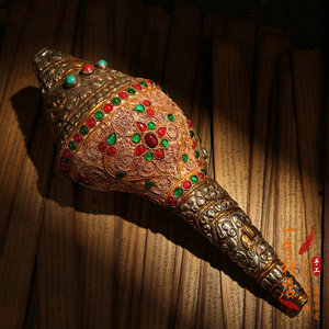 藏传尼泊尔宫廷御用铜鎏金包银镶嵌宝石左旋法螺宝螺法器居家摆件