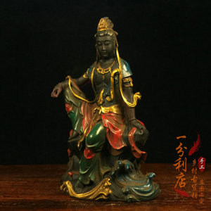 古董收藏西藏出土多彩老琉璃观音佛像招财镇宅风水平安供奉台摆件