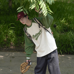 A春装圆领卫衣精梳300g华棉重磅针织布印花校园风少年感拼色上衣