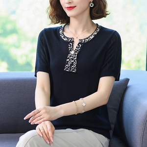 中年妈妈桑蚕丝短袖t恤女宽松上衣夏季加肥加大纯色冰丝针织t恤衫