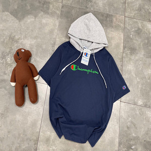 潮牌夏季冠军连帽短袖t恤女刺绣宽松大码带帽子运动休闲半袖帽衫