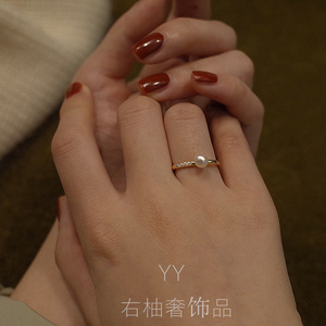韩国代购高级设计珍珠小方戒指女ins潮冷淡风纯银轻奢食指戒指环