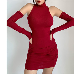 SUP红色性感高领带袖套高领连衣裙早秋新款修身紧身气质包臀短裙