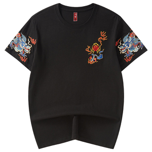 支持李宁中国风短袖t恤男纯棉上衣国潮二龙戏珠刺绣宽松大码体恤