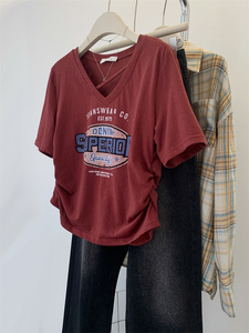 zdm大码300斤不规则红色v领短款短袖t恤女夏季设计感小众修身上衣