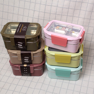 长方形学生午餐盒快餐杯不锈钢保温饭盒分隔便当盒日式双层保鲜盒