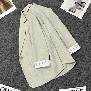 米灰色条纹袖西装外套女2024夏季新款高级感薄款休闲超好看西服潮
