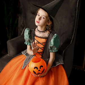 万圣节儿童服装女童cos女巫装扮衣服宝宝南瓜裙子魔法巫婆演出服
