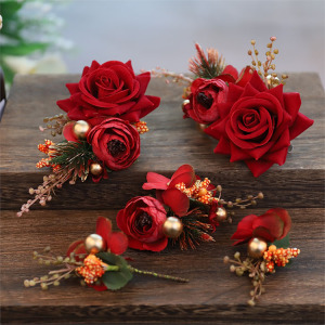 新娘新款头饰红色仿真花朵超仙婚礼结婚头花写真秀禾服敬酒服发饰