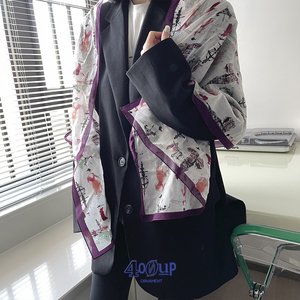 日本贵牌日单法式城堡女人头像风景水彩画风葡萄紫薄棉长方巾围巾