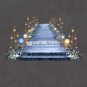 ly091蓝色花艺金色桁架星空球菱形龙珠灯路引婚礼手绘素材psd文件