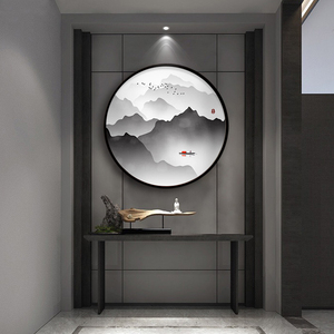 新中式装饰画禅意山水挂画玄关圆形大尺寸入门进户门正对西墙壁画