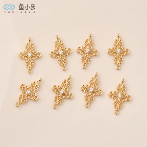 铜镀14k金镂空中国结锆石十字双吊挂坠diy手链项链耳饰品吊坠配件
