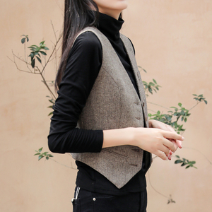 短款英伦风人字呢马甲女春秋修身显瘦收腰拼接骑马装西装领马夹