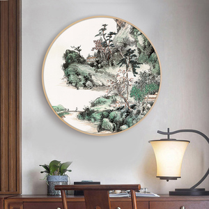 新中式国画禅意圆形玄关山水画风水靠山招财客厅装饰画中国壁画