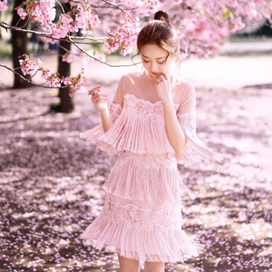 ivivian若惜家樱花粉色流苏气质女神连衣裙 …颜色分类预