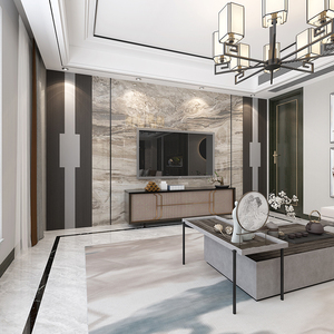 新中式电视背景墙瓷砖仿大理石简约微晶石边框中式石纹岩板客厅