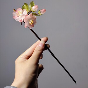 原创设计热缩海棠花发簪樱花竹枝簪中国风檀木簪盘发