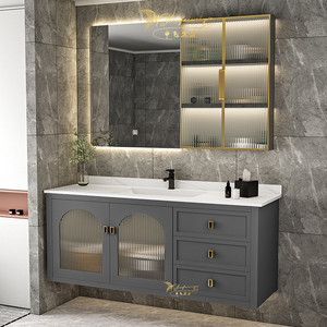 现代简约岩板卫浴室柜轻奢洗手间洗脸台盆智能玻璃门实木镜柜组合