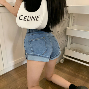 夏季翘臀牛仔短裤女高腰弹力紧身包臀热裤网红辣妹卷边超短a字裤