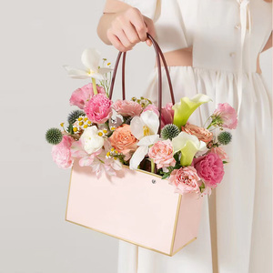 牛皮纸鲜花手提袋防水金边手拎袋插花盒多肉盆栽花篮伴手礼物袋