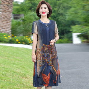 时尚中年女夏装短袖连衣裙中老年妈妈夏季高贵宽松过膝裙子50岁60